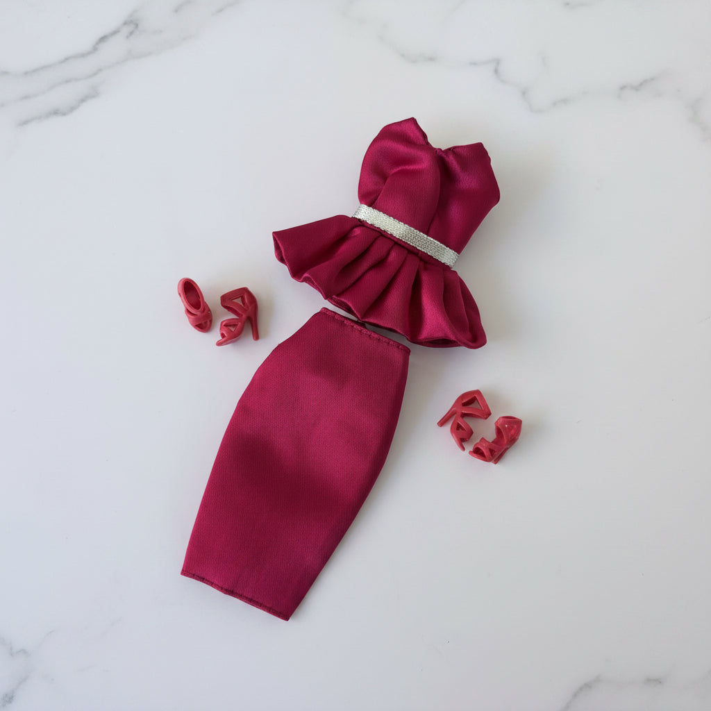 Doll Dress Red satin look with high heels: 2 pc Red dress Formal Outfit for 11.5"