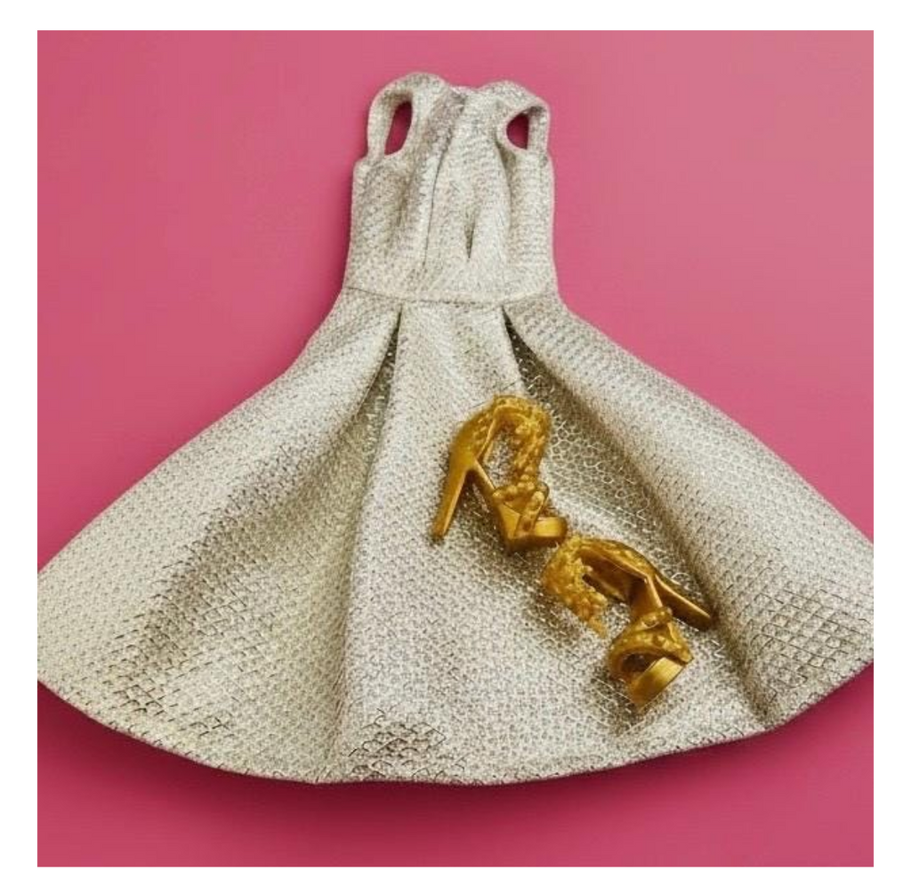 Gold Sparkle Party Dress with Shoes: 1:6 Scale Fashion Doll Clothes