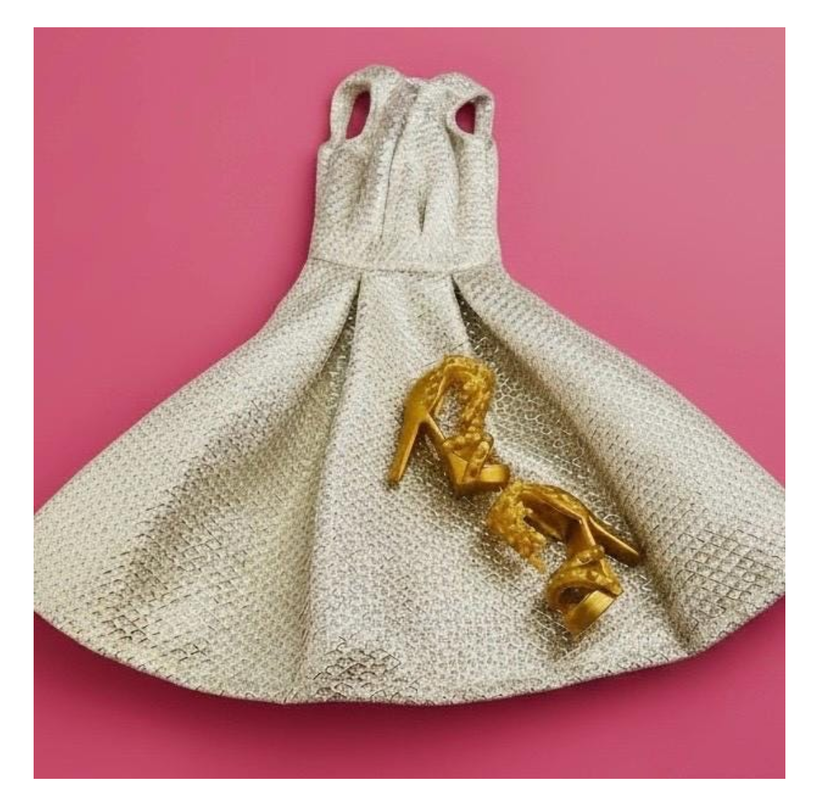 Gold Sparkle Party Dress with Shoes: 1:6 Scale Fashion Doll Clothes