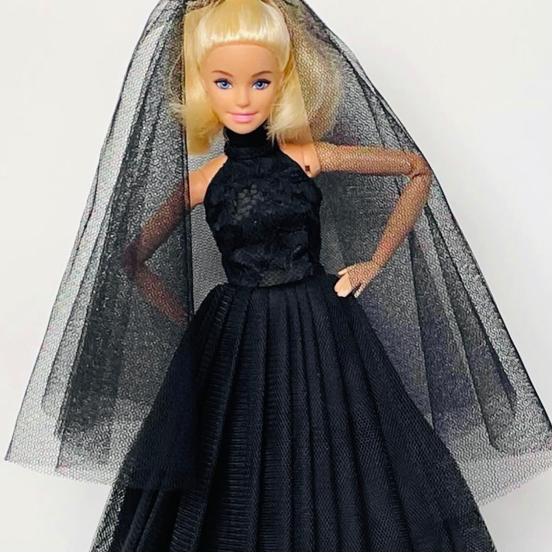 Fashion Doll Black Lace Doll Gown: Tulle Dress with Veil, 1:6 Scale