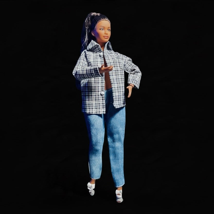 Curvy Fashion Doll Clothes – Plaid & Denim or Pink Fuzzy Jacket Outfit