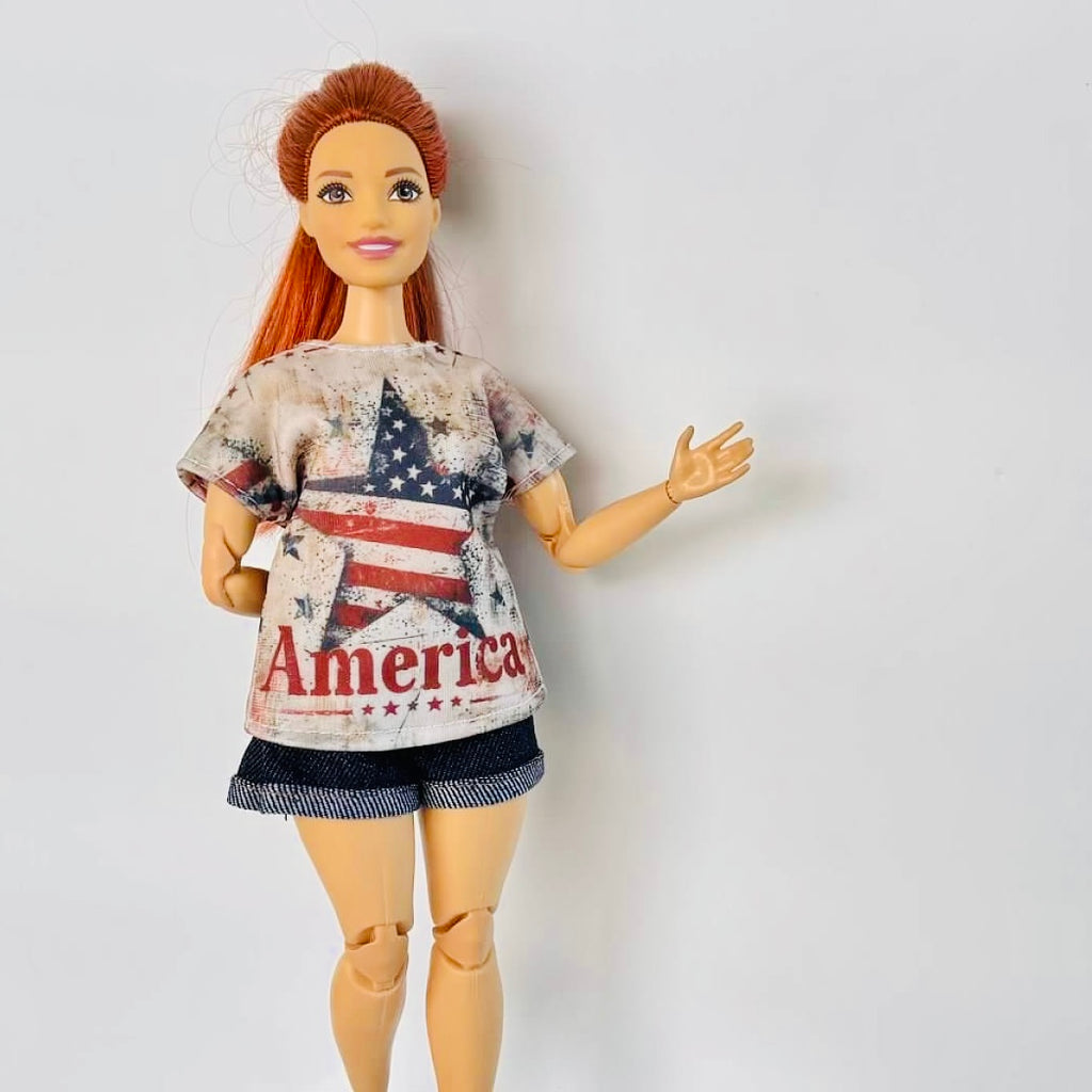 Curvy Doll Outfit, Denim Shorts, Patriot Top, 11-12 inch Doll