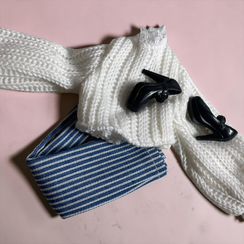 Striped Flare Jeans Doll Outfit – Sweater & Ankle Boots | Fits 11.5” Fashion Dolls
