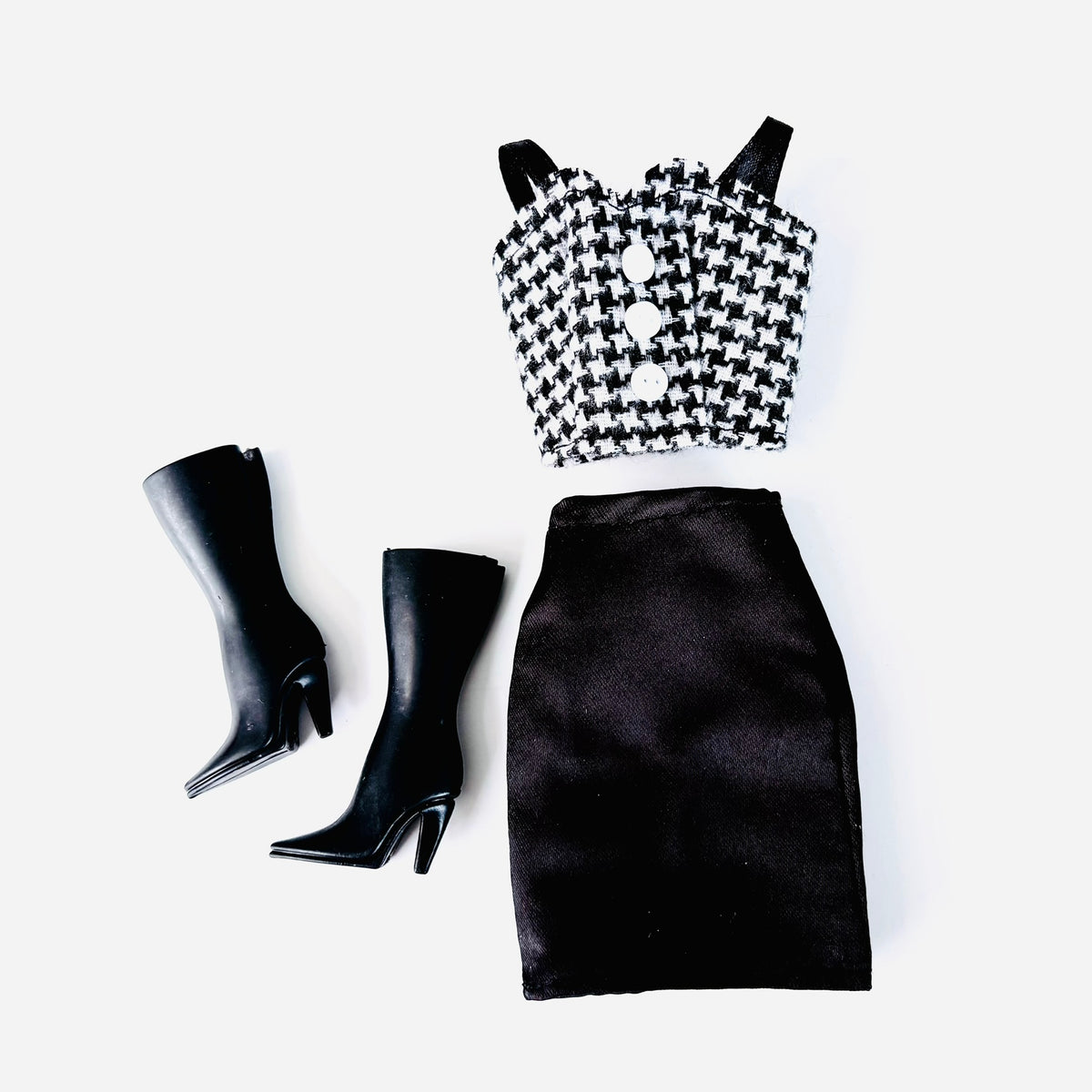 Black Skirt Doll Outfit: Check Sweetheart Top, Red Jacket, Boots fit 11.5" Fashion Doll