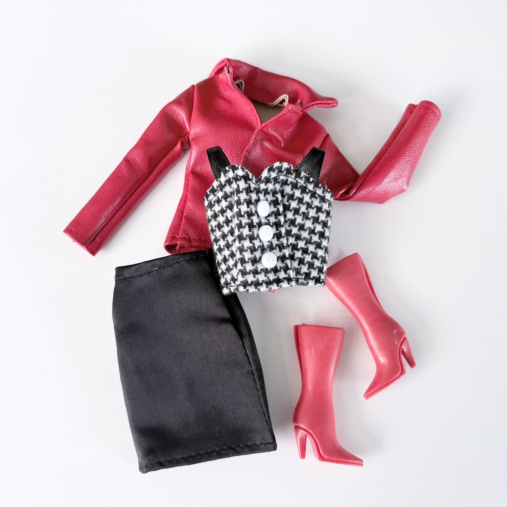 Black Skirt Doll Outfit: Check Sweetheart Top, Red Jacket, Boots fit 11.5" Fashion Doll