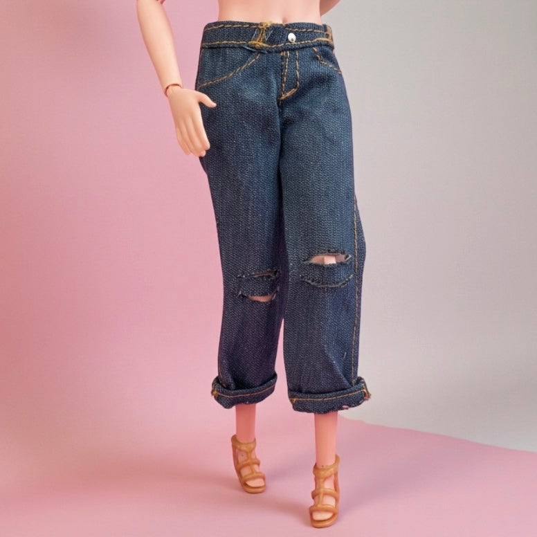 Denim Doll Cuffed Distress Jeans With Top and Sandals, 1:6 Scale Doll Jeans and Shirts