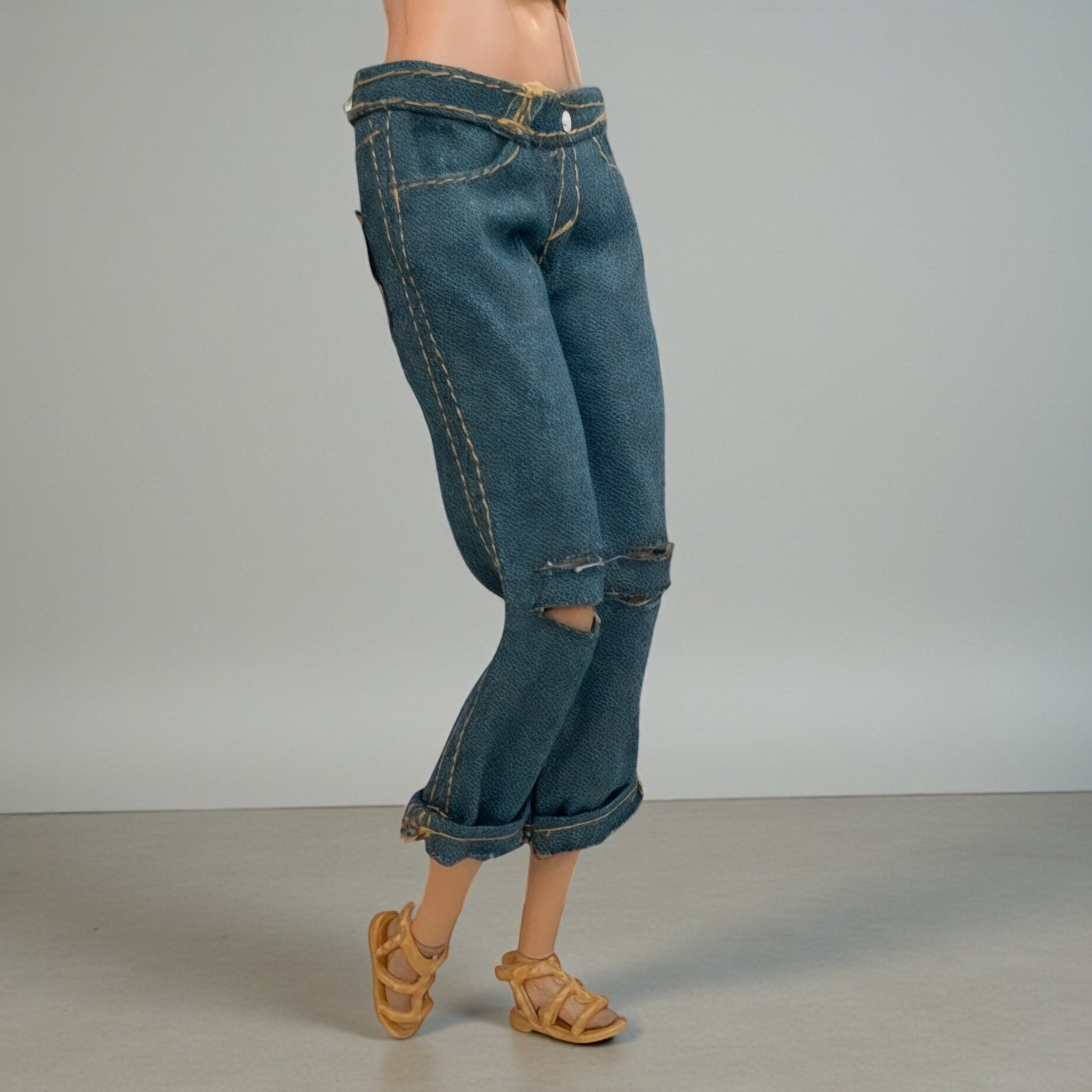 Denim Doll Cuffed Distress Jeans With Top and Sandals, 1:6 Scale Doll Jeans and Shirts