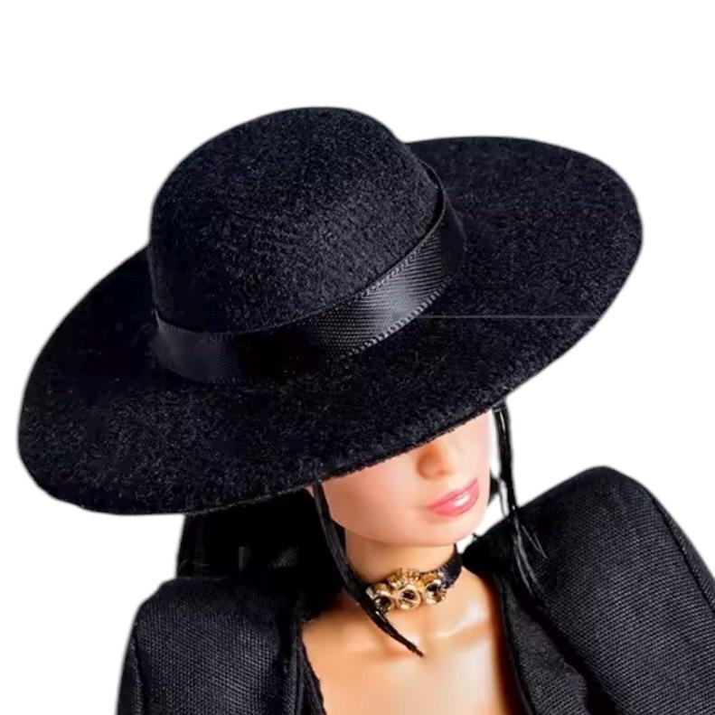 Doll Black Hat, Couture Style, Wide Brim, Felted Inauguration and Princess Style