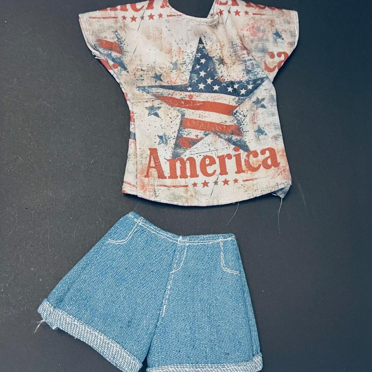 Curvy Doll Outfit, Denim Shorts, Patriot Top, 11-12 inch Doll