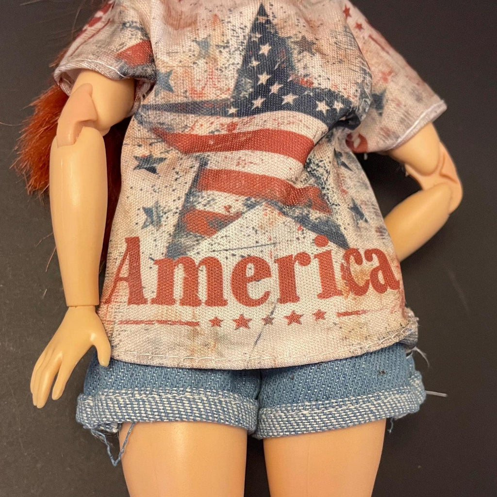 Curvy Doll Outfit, Denim Shorts, Patriot Top, 11-12 inch Doll