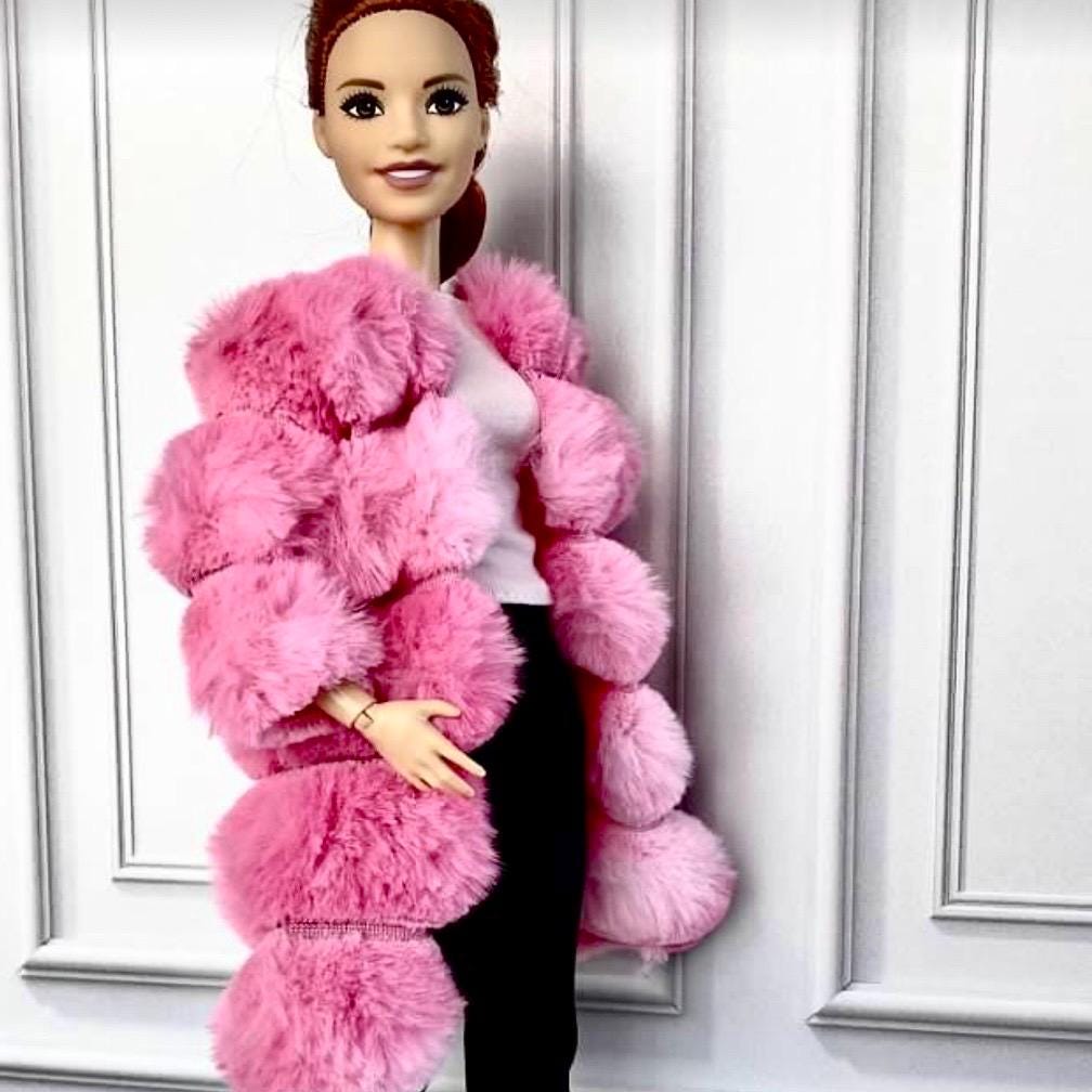Curvy Doll Clothes: Black Pants, Pink Coat, Curvy boots - 1:6 Scale