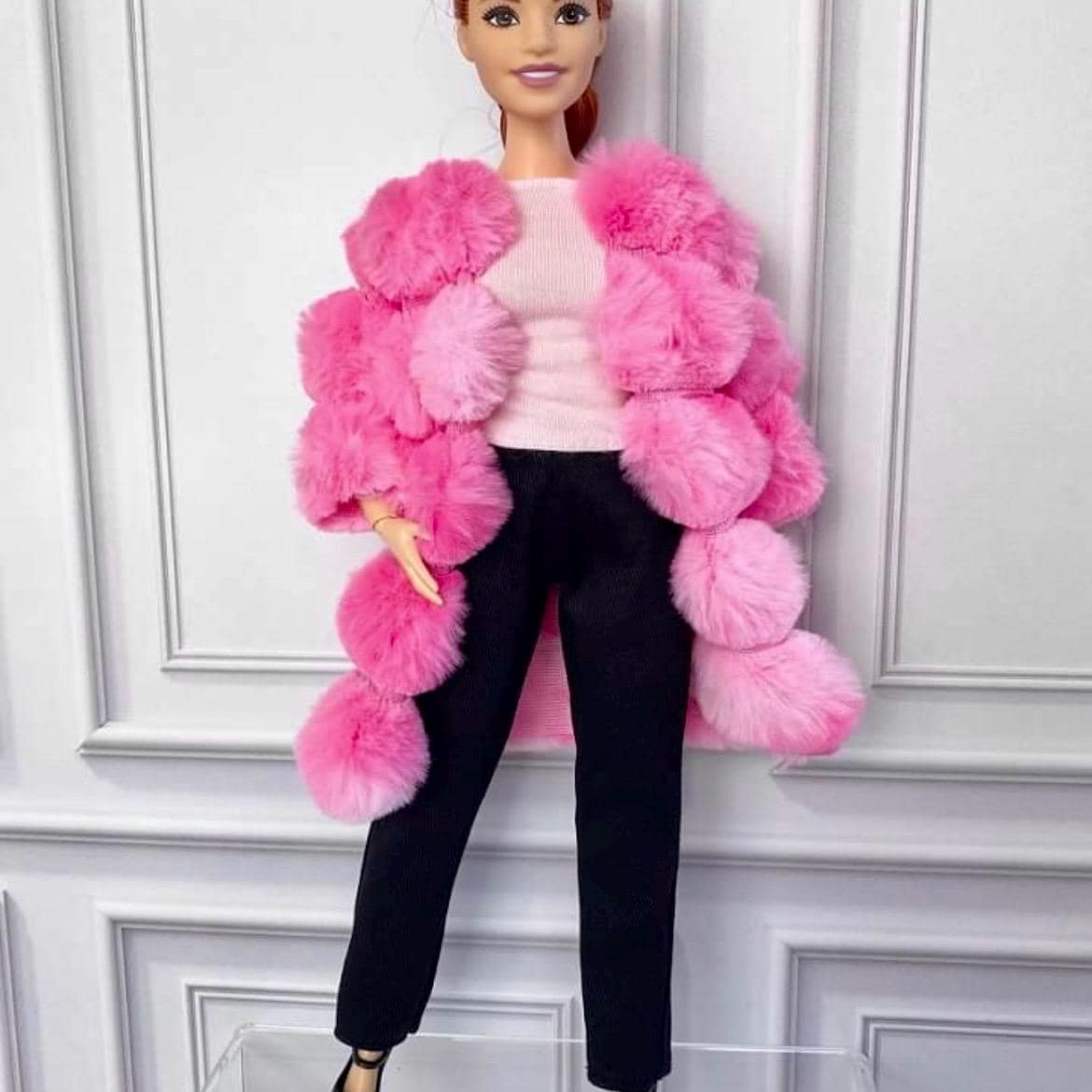 Curvy Doll Clothes: Black Pants, Pink Coat, Curvy boots - 1:6 Scale