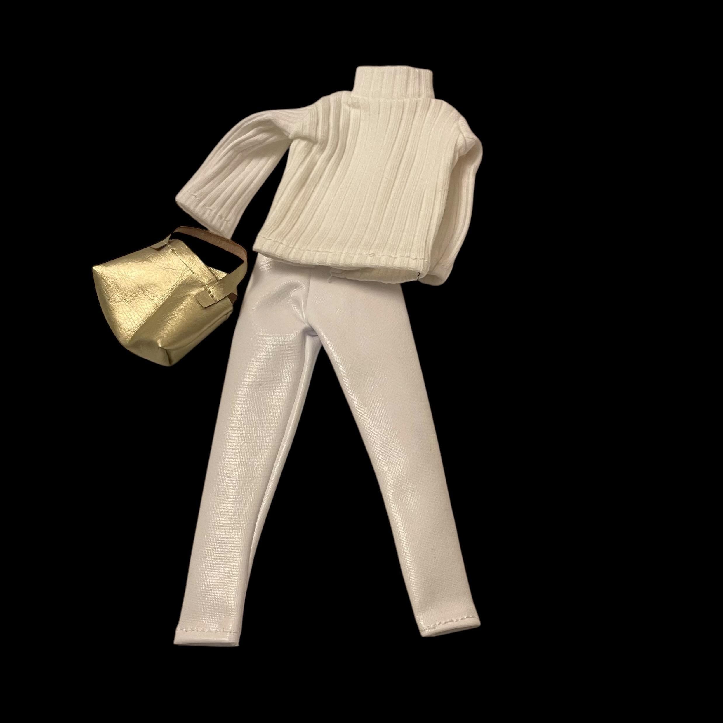 Fashion Doll White Stretch Pants, Silver Leather Jacket, Purse, Pants, White Doll Clothes