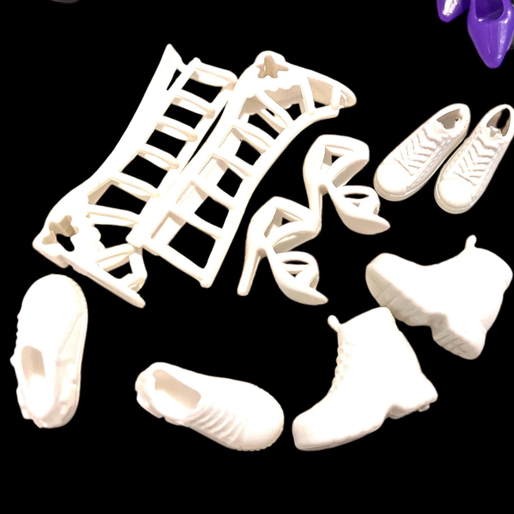 White Fashion Doll Shoes, Black Heels and Flats, Set of 5