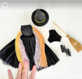30 cm Fashion Doll Halloween Outfit: Black Cocktail Dress, Hat, Broom, Shoes, Wrap, Undies