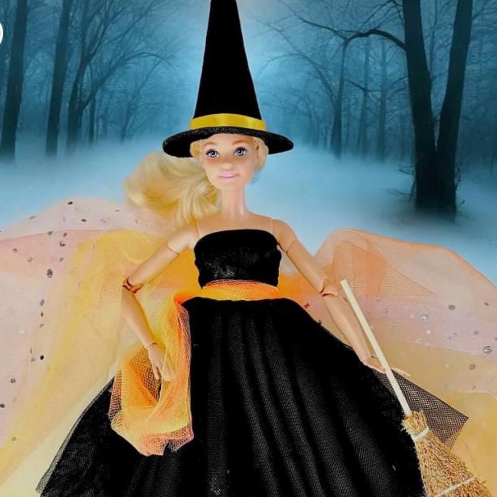 30 cm Fashion Doll Halloween Outfit: Black Cocktail Dress, Hat, Broom, Shoes, Wrap, Undies