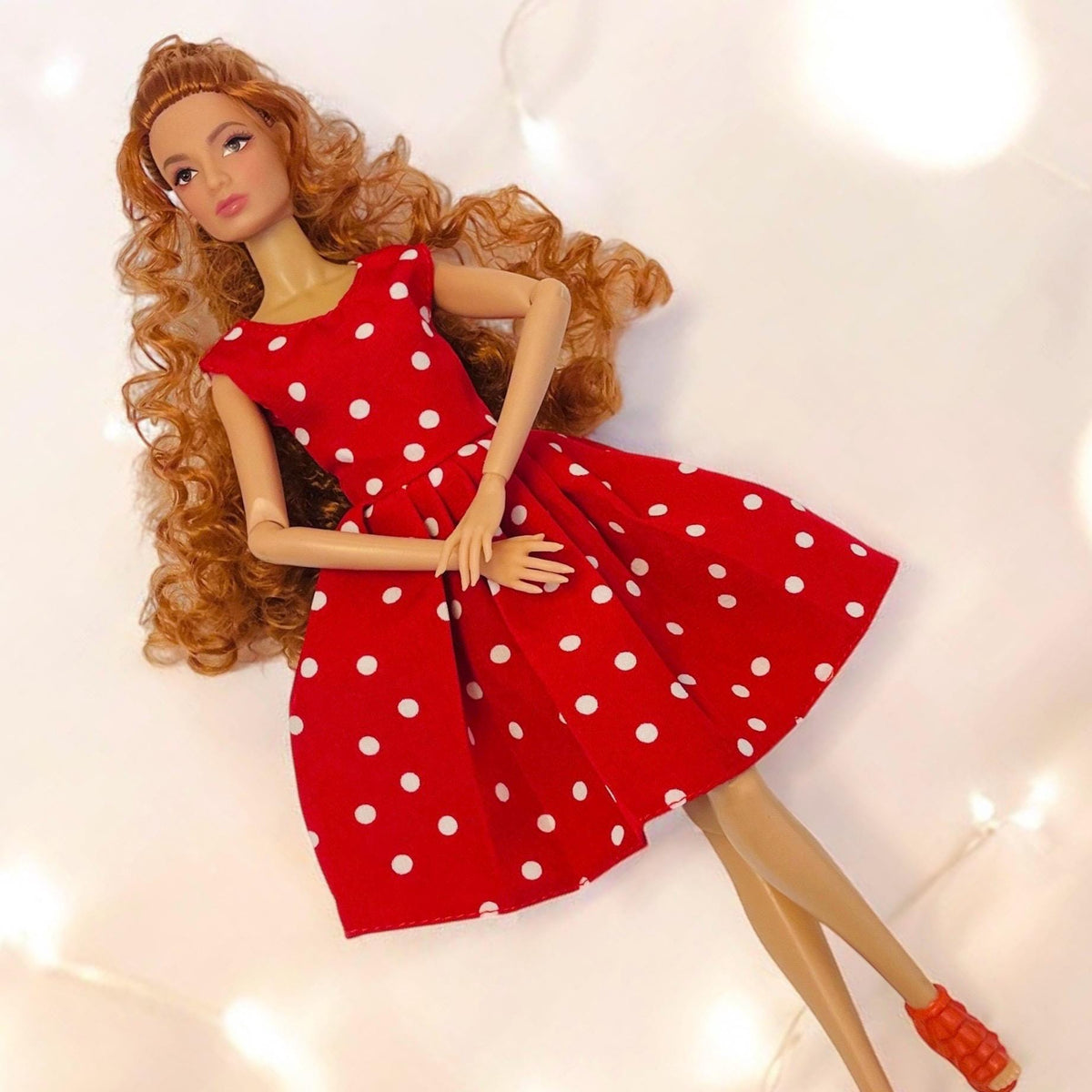 Polka Dot Doll Dress with Shoes and Jewelry, Retro 1:6 Scale Fashion Doll Outfit