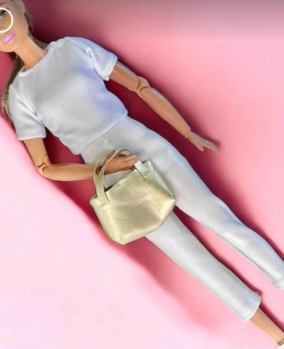 Fashion Doll White Stretch Pants, Silver Leather Jacket, Purse, Pants, White Doll Clothes