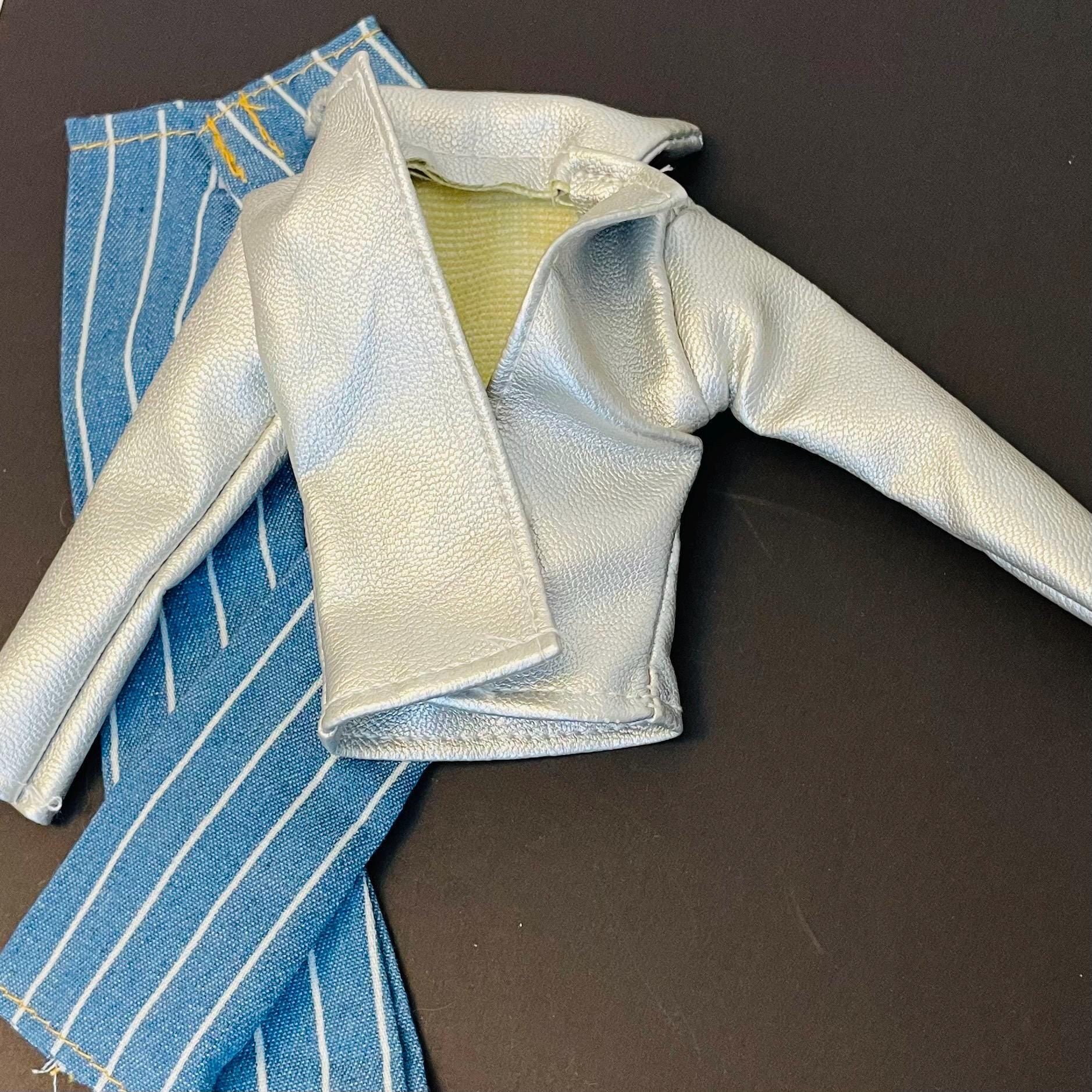 Fashion Doll White Stretch Pants, Silver Leather Jacket, Purse, Pants, White Doll Clothes