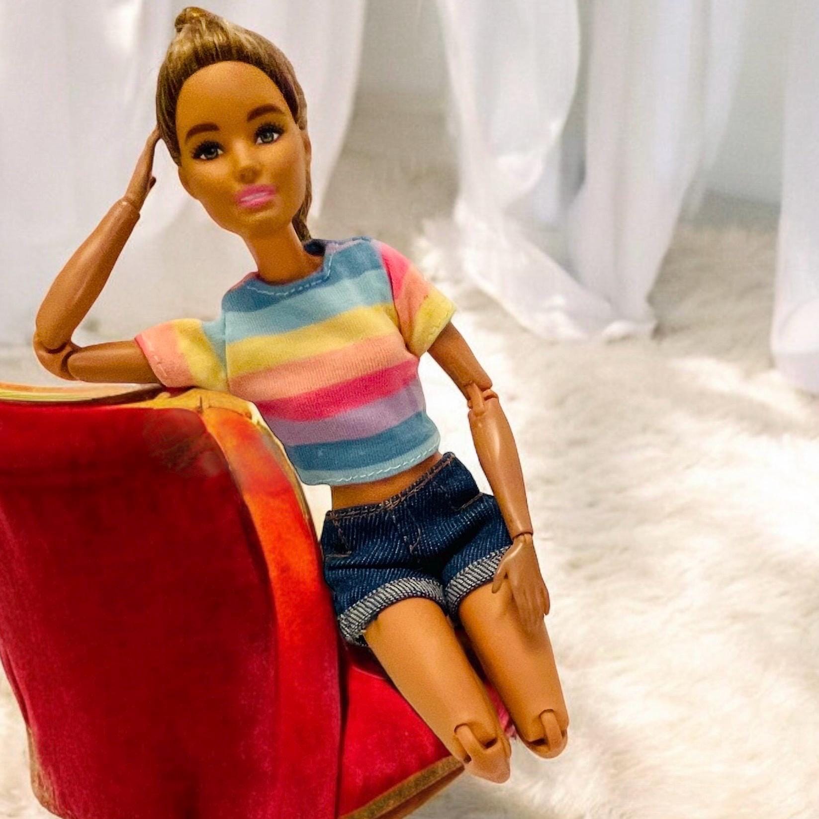 Denim Doll Shorts, Bellbottoms, Rainbow Top, 1:6 Scale Doll Jeans and Shirts