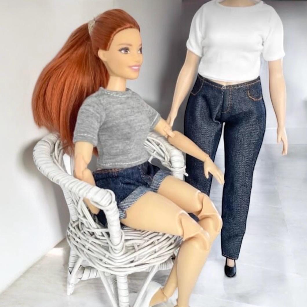 Curvy Doll Clothes, Shorts, Tops, Red Platform Shoes, 1:6 Scale