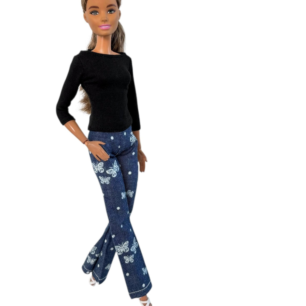 Fashion Doll Clothes: Bell Bottom Jeans, Butterfly, Shorts and Pink Sweatshirt