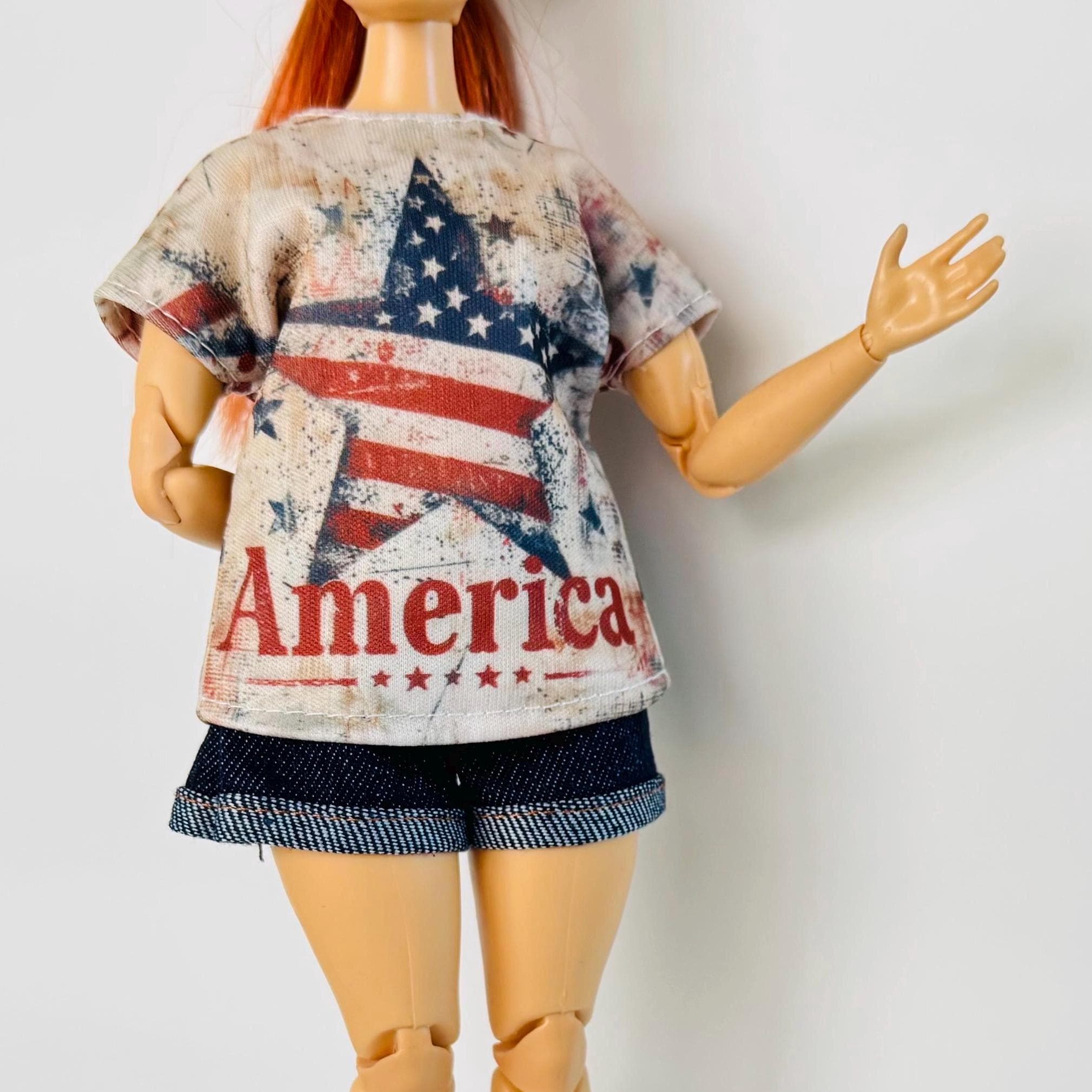 Curvy Doll Outfit, Denim Shorts, Patriot Top, 11-12 inch Doll