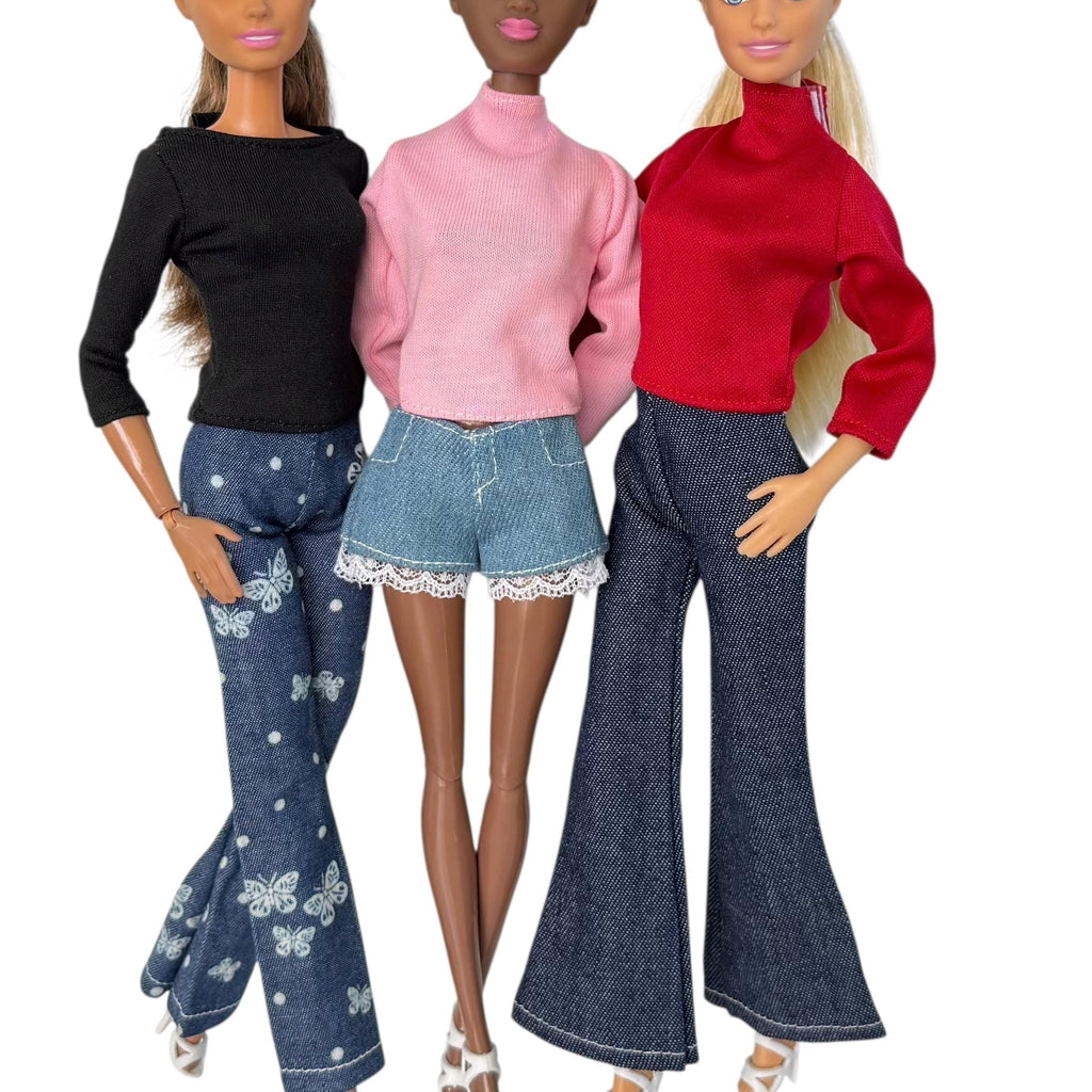 Fashion Doll Clothes: Bell Bottom Jeans, Butterfly, Shorts and Pink Sweatshirt