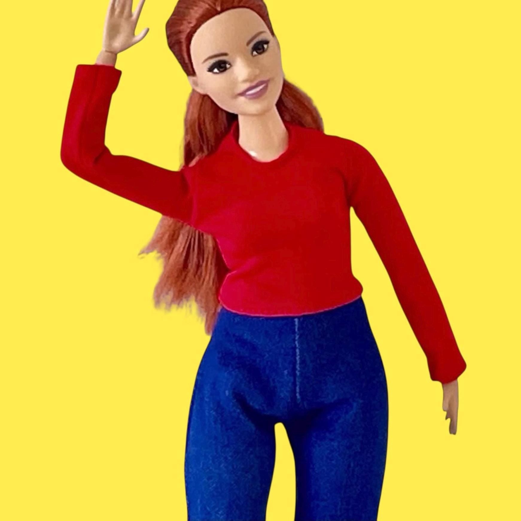 Curvy Doll Outfit: Blue Jeans, Red Top & Sneakers - Fits 11.5" Fashion Dolls