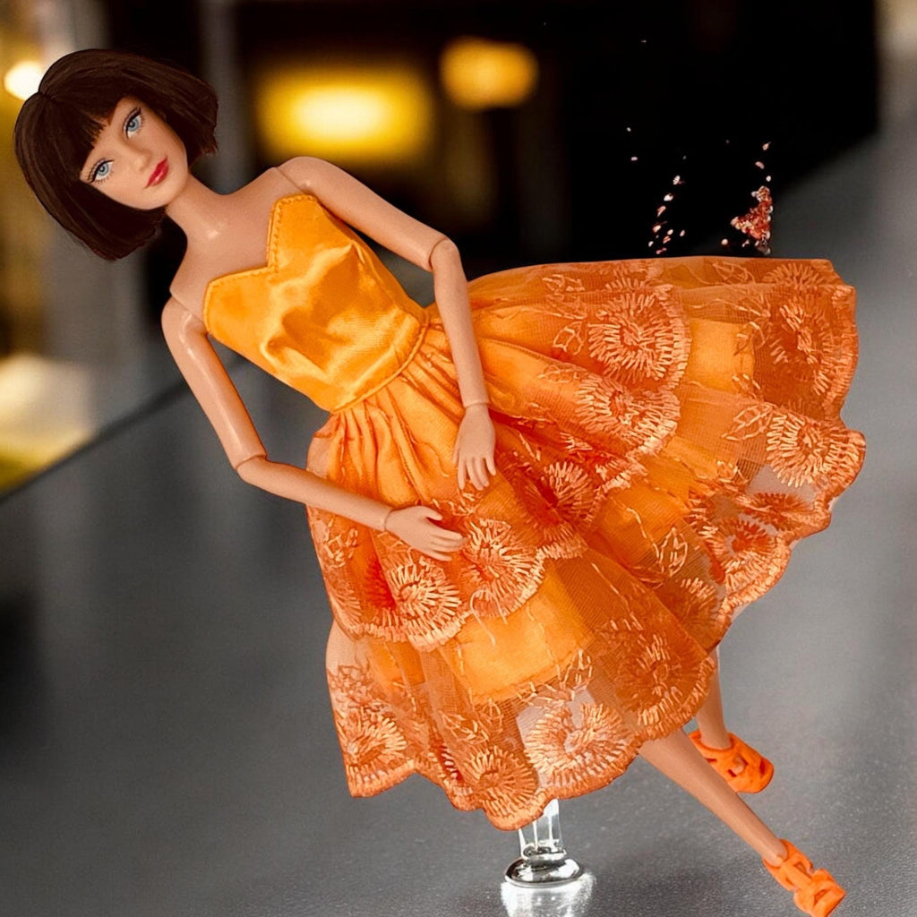 30 cm Fashion Doll Halloween Outfit: Black Cocktail Dress, Hat, Broom, Shoes, Wrap, Undies