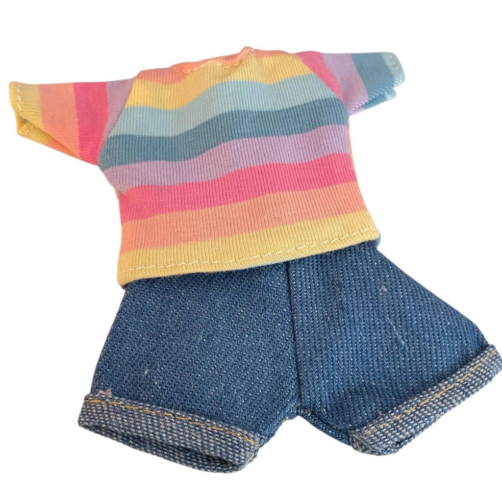 Denim Doll Shorts, Bellbottoms, Rainbow Top, 1:6 Scale Doll Jeans and Shirts