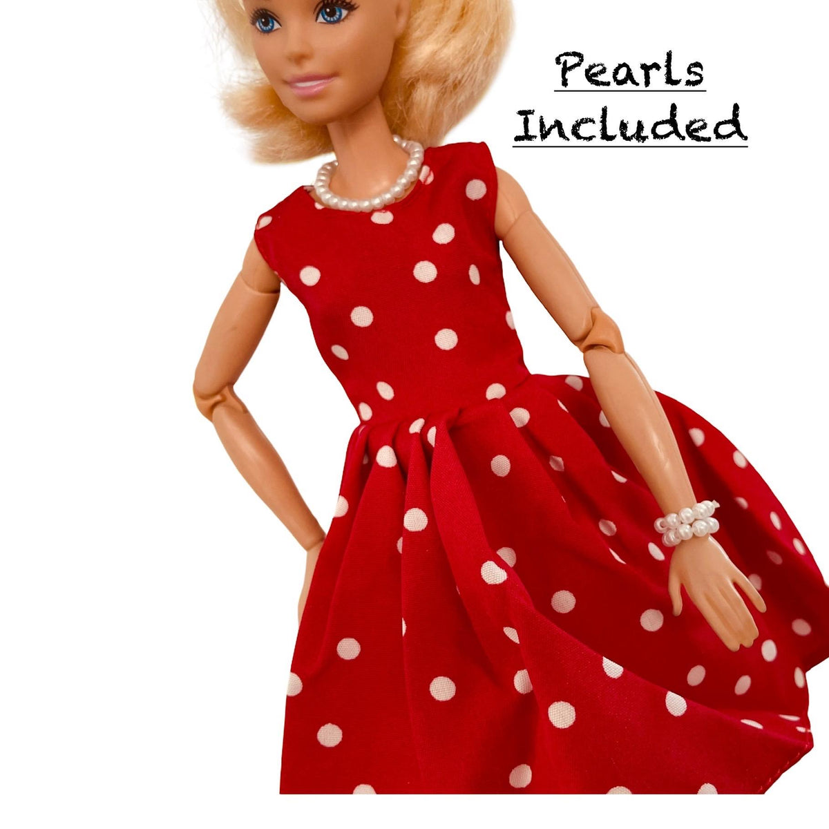 Polka Dot Doll Dress with Shoes and Jewelry, Retro 1:6 Scale Fashion Doll Outfit