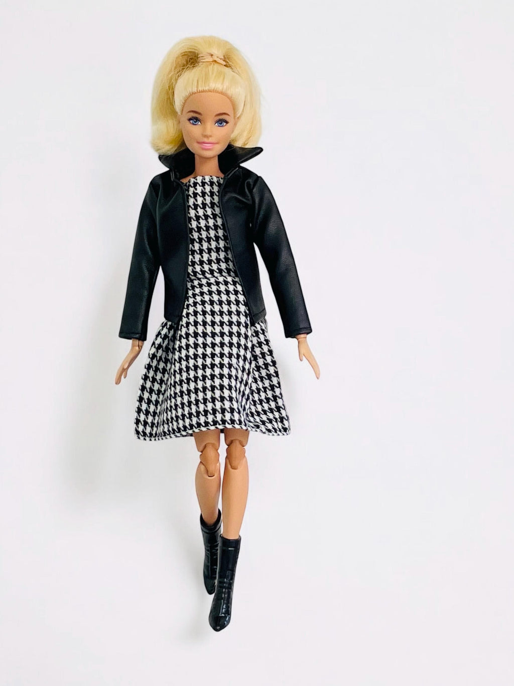 Doll clothes Houndstooth Doll Dress Outfit: Faux Leather Jacket, Boots - 1/6 Scale