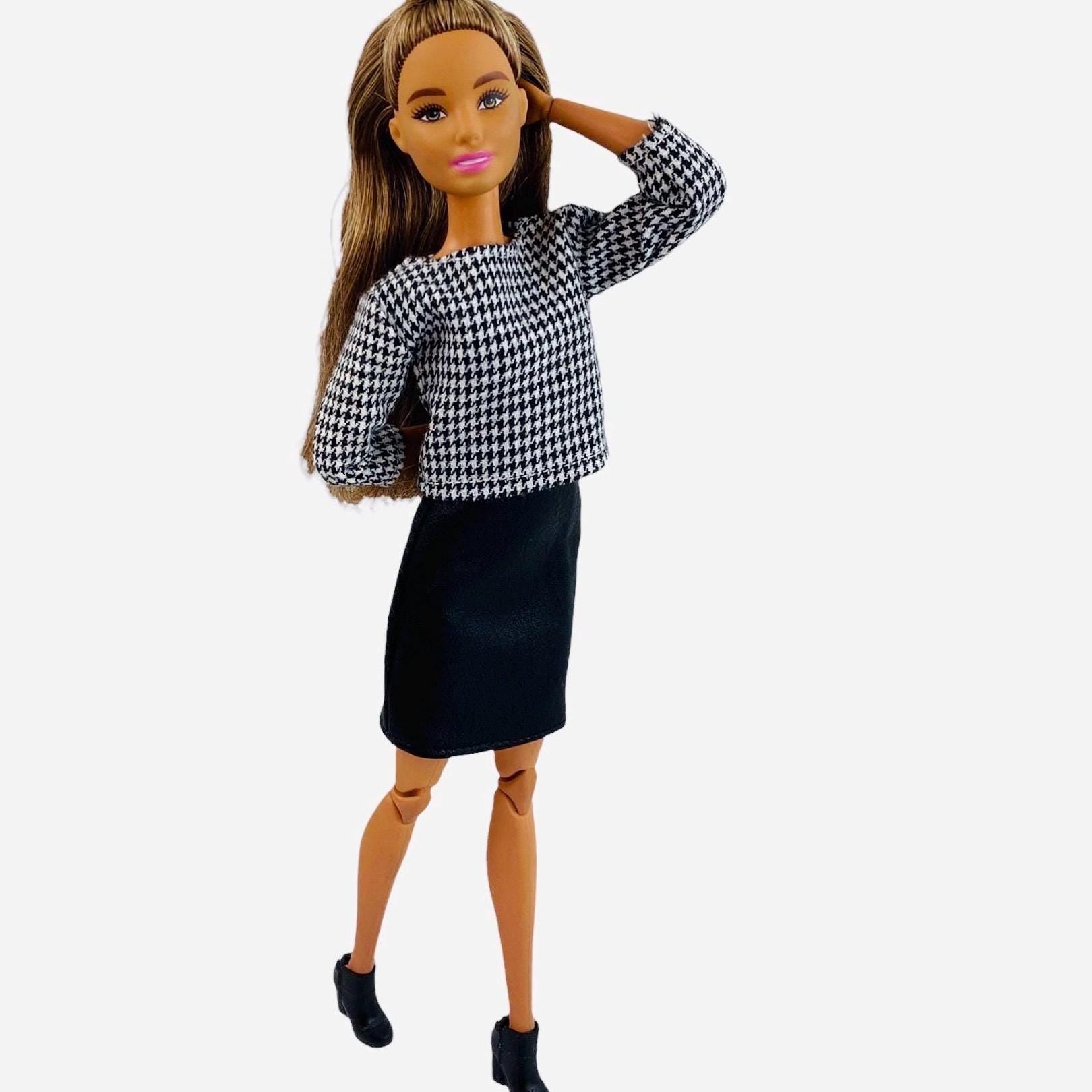 Doll clothes Houndstooth Doll Dress Outfit: Faux Leather Jacket, Boots - 1/6 Scale