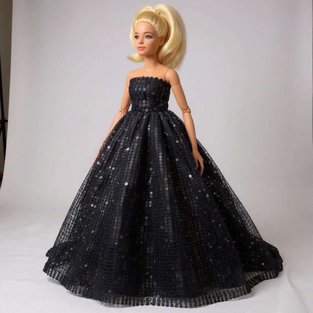Sequin Dress, Black Gown: Handmade 1:6 Scale Fashion Doll Dress