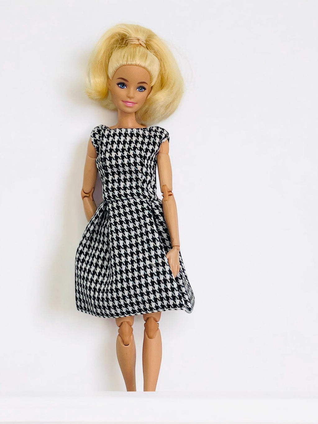 Doll clothes Houndstooth Doll Dress Outfit: Faux Leather Jacket, Boots - 1/6 Scale