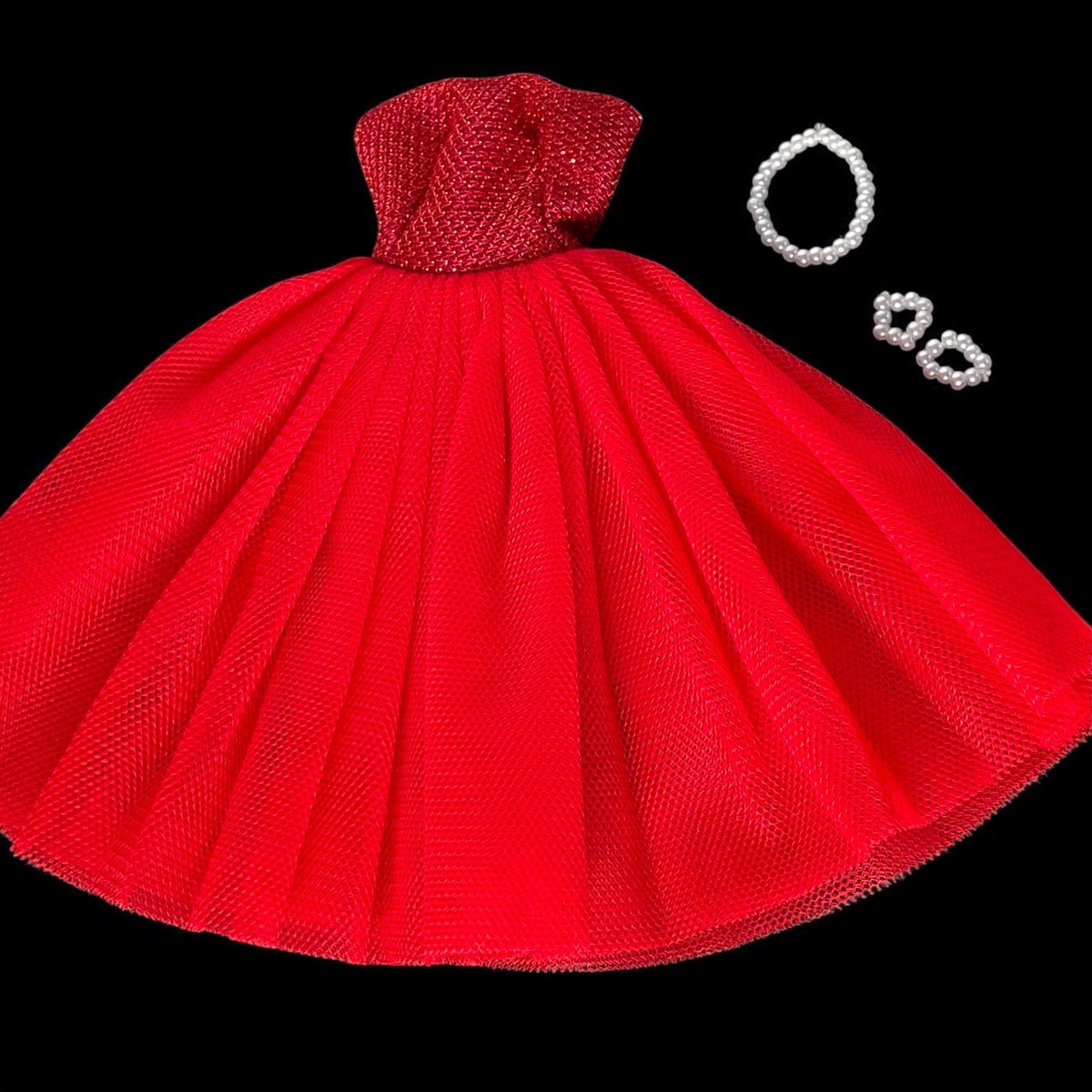 Red Shimmer Top Doll Dress with Shoes: 11.5" Fashion Doll Cocktail Party, Pearls Included