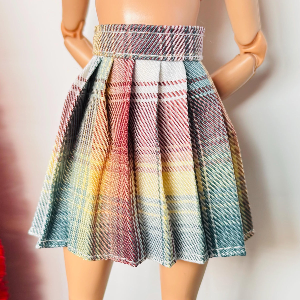 Pleated Doll Skirt Outfit: 1/:6 Scale Clothes, Tee, Red shirt, dark plaid