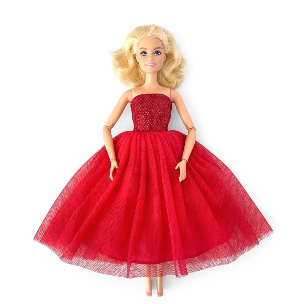 Red Shimmer Top Doll Dress with Shoes: 11.5" Fashion Doll Cocktail Party, Pearls Included