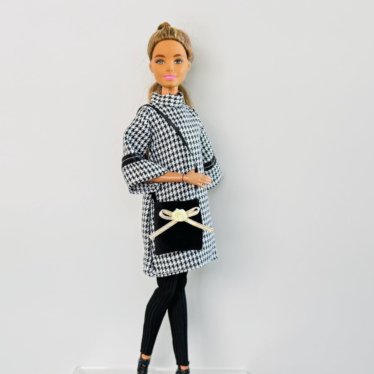 Fashion Doll Clothes Set: Houndstooth Dress, Leggings, Purse, Regular and Curvy