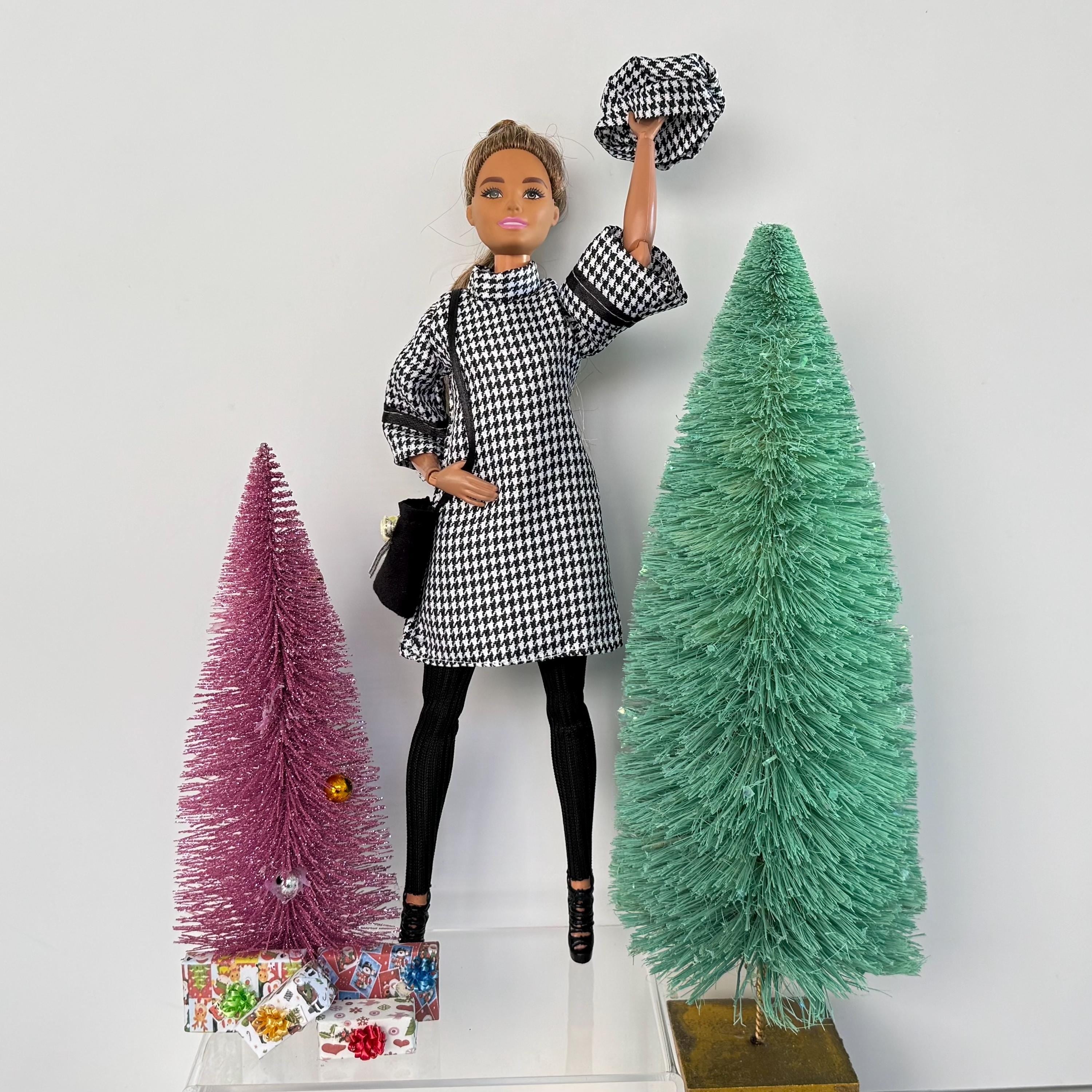 Fashion Doll Clothes Set: Houndstooth Dress, Leggings, Purse, Regular and Curvy