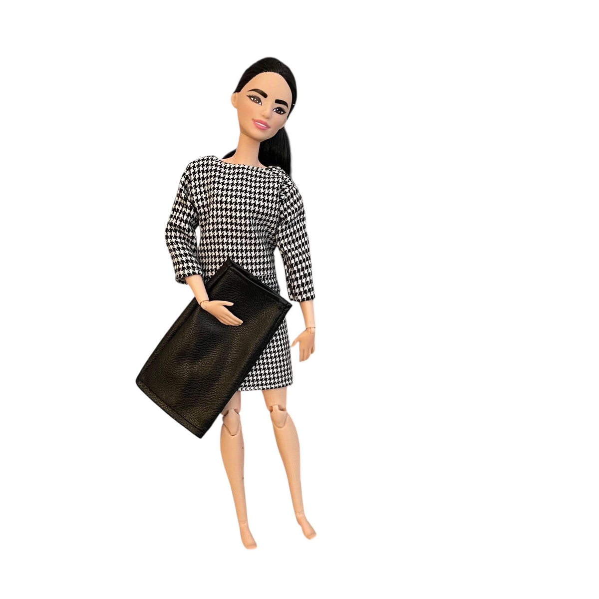 Doll clothes Houndstooth Doll Dress Outfit: Faux Leather Jacket, Boots - 1/6 Scale