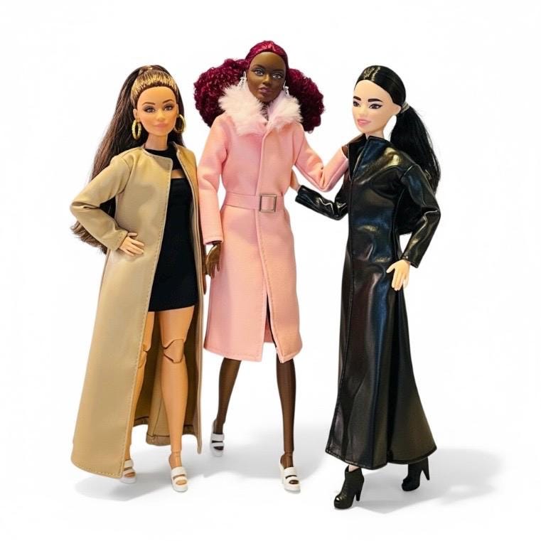 Doll Long Coat Outfit, Bell Bottoms, Top, bags, accessories, faux leather