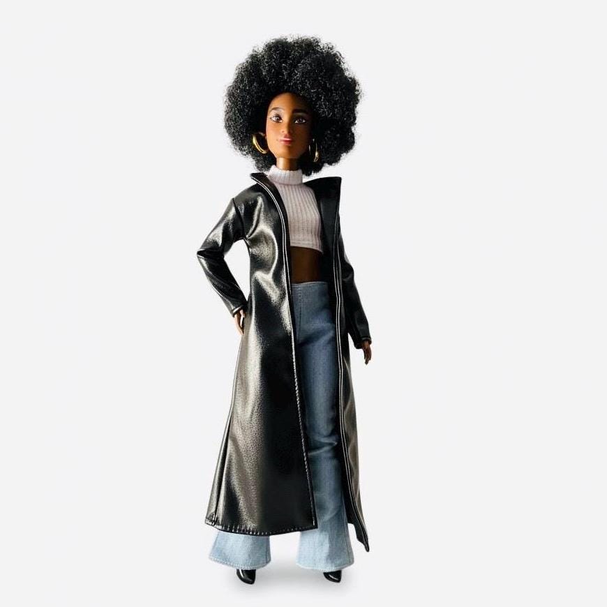 Doll Long Coat Outfit, Bell Bottoms, Top, bags, accessories, faux leather