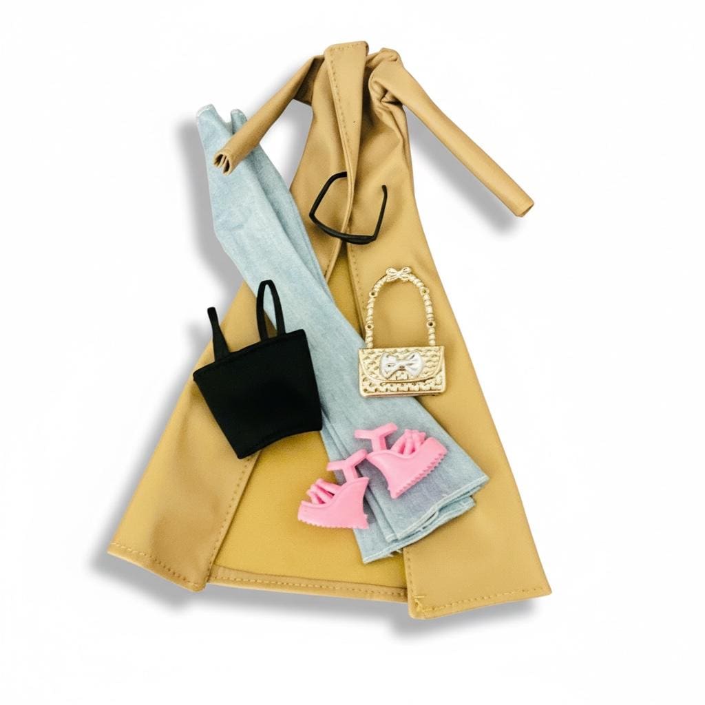 Doll Long Coat Outfit, Bell Bottoms, Top, bags, accessories, faux leather
