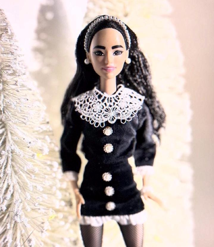 Black Velvet Fashion Doll Outfit: Embroidered Suit, Ruffled Sleeves