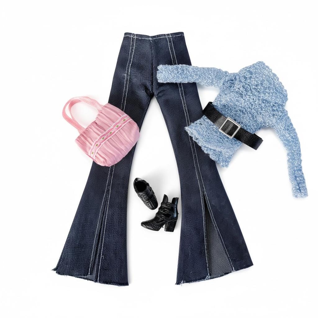11.5 Inch Doll Clothes Outfit – Retro Denim Bell Bottoms, Fluffy Top, Accessories