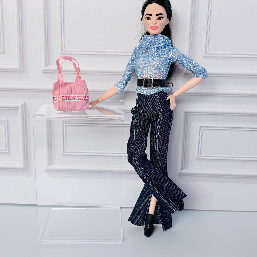 11.5 Inch Doll Clothes Outfit – Retro Denim Bell Bottoms, Fluffy Top, Accessories