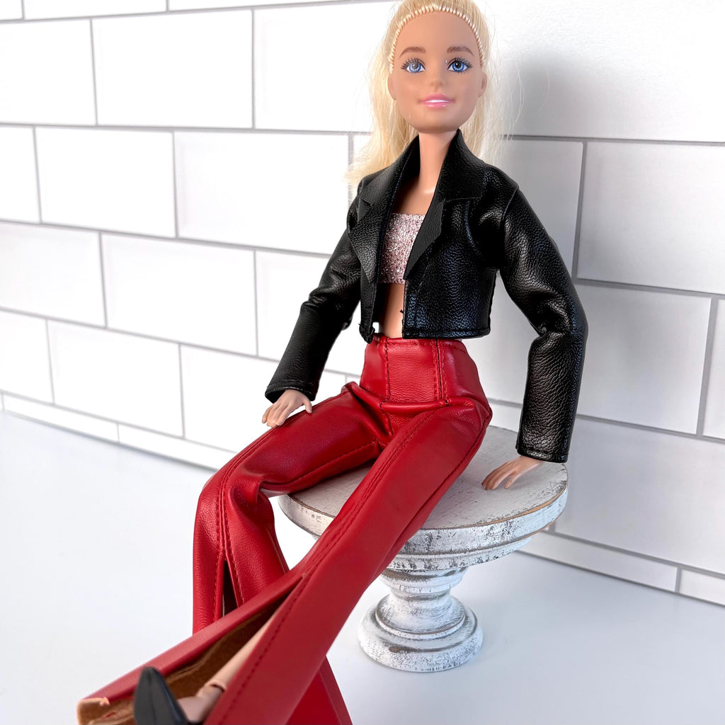 11.5 Inch Doll Outfit – Faux Leather Jacket, Red Bell Bottoms, Pink Top, Black Heels
