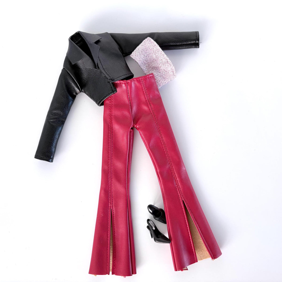 11.5 Inch Doll Outfit – Faux Leather Jacket, Red Bell Bottoms, Pink Top, Black Heels